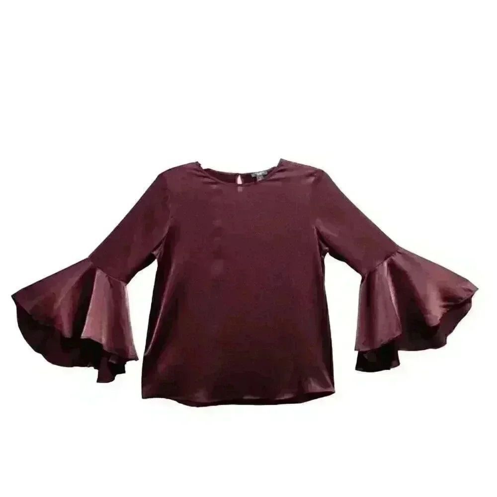 Ann Taylor Women's Burgundy Vino Polyester Charmeuse Bell Sleeve Top NEW